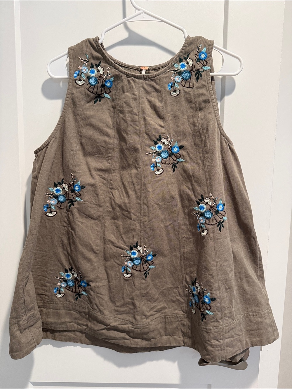 Free People Strada Embroidered Floral Sleeveless Top - Taupe with Blue Accents